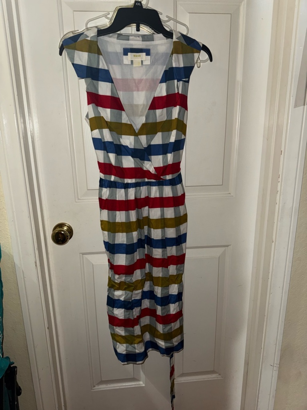 Anthropologie Striped V-Neck Midi Dress in White, Blue, Red, Olive